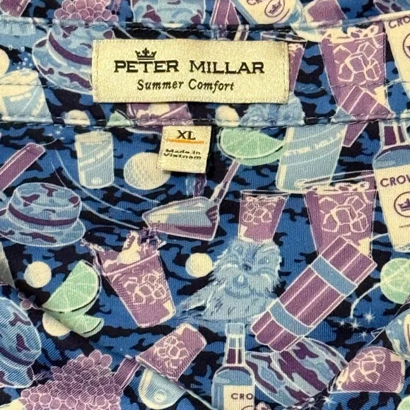 Peter Millar Summer Comfort Polo Shirt Mens XL Blue Purple Cocktail Golf Print